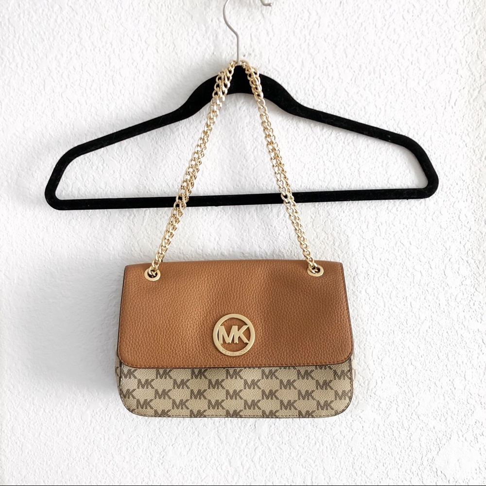 MICHAEL KORS FULTON LEATHER FLAP CHAIN SATCHEL LOGO TAN BAG